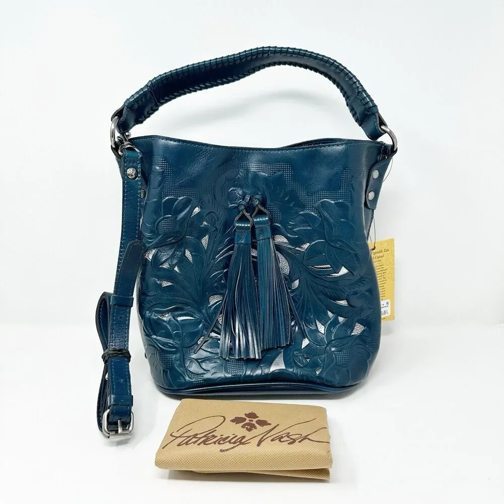 Patricia Nash Otavia Bucket Crossbody Bag Cutout Tooled‎ Tassel Carribean Blue